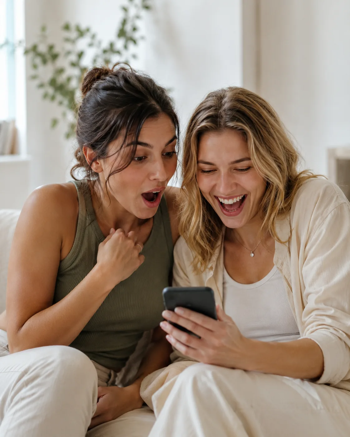 Amigas compartiendo algo en el teléfono